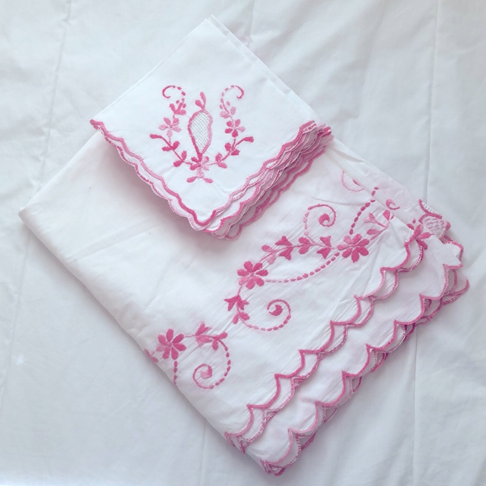 Large Tablecloth and 8 Napkins. White and pink embroidered. New. Unused.